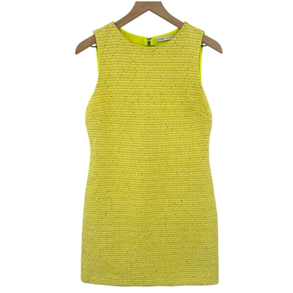 ALICE + OLIVIA Clyde Sequin Embellished Tweed Shift Dress -Neon Yellow -Size 4 - Picture 3 of 10